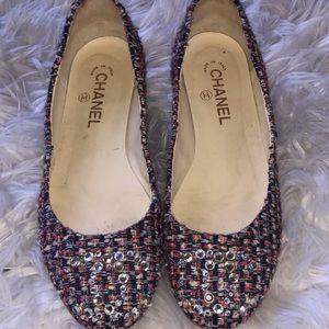 CHANEL Tweed Crystal CC Ballerina Flats